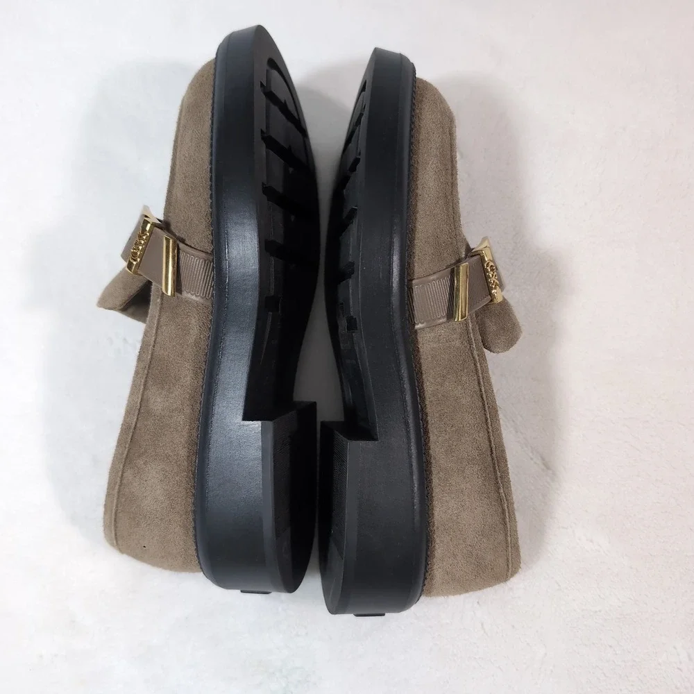 Charles & Keith Loafers Women Taupe Suede Gold Buckle Lug Sole Chunky Platform - Picture 11 of 13